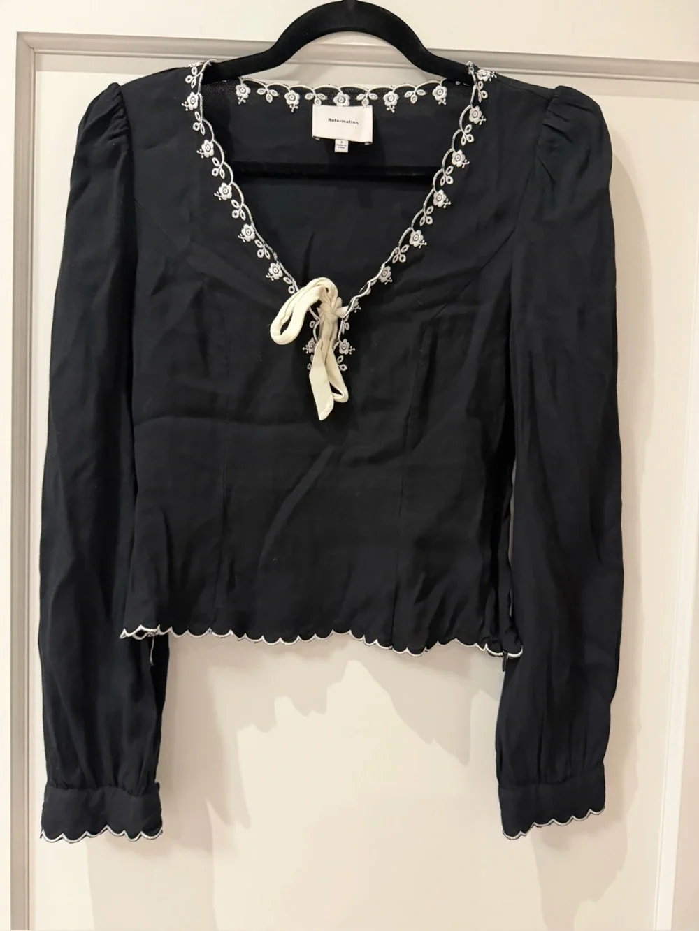 Reformation Vivia , Black V-Neck Long Sleeve Top with Cream Tie - size 2